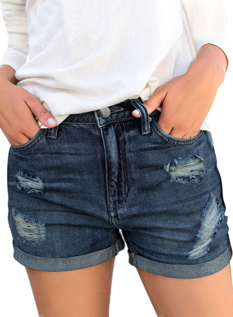 luvamia Women's Casual Stretchy High Waisted Cuffed Hem Denim Jean Shorts Dressy Shorts for Women Blue Jeans Shorts for Women Charleston Boom Blue Size Large - Image 1
